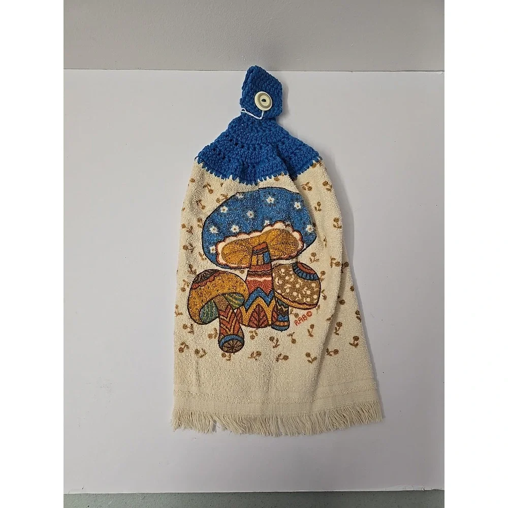 VTG Mushroom RAB Blue Crochet Hanging Dish Towel READ